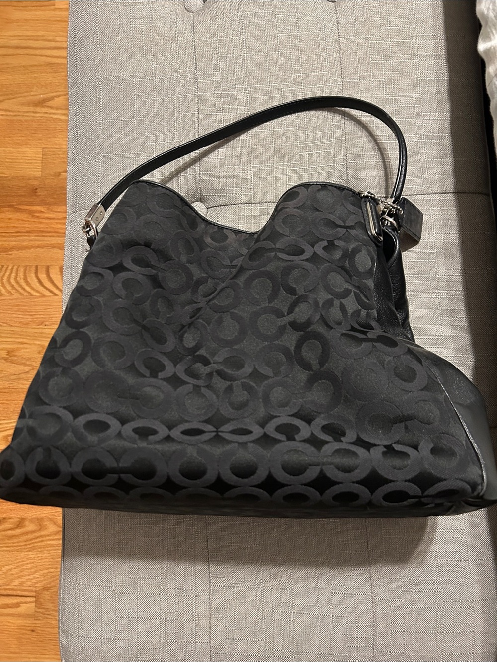 Coach Black Signature Jacquard Shoulder Bag with Leather Trim